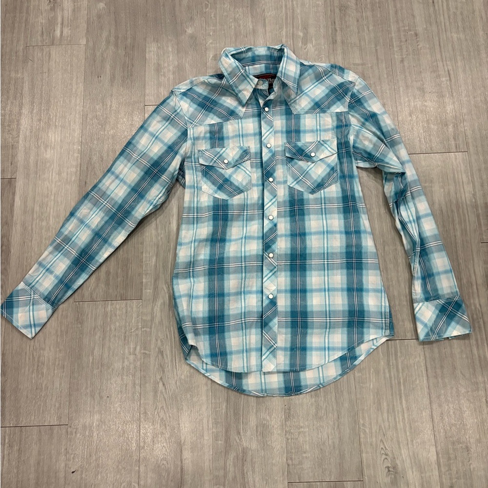 Rock And Roll Cowboy Mens Small Pearl Snap Button Up Long Sleeve Blue Shirt S